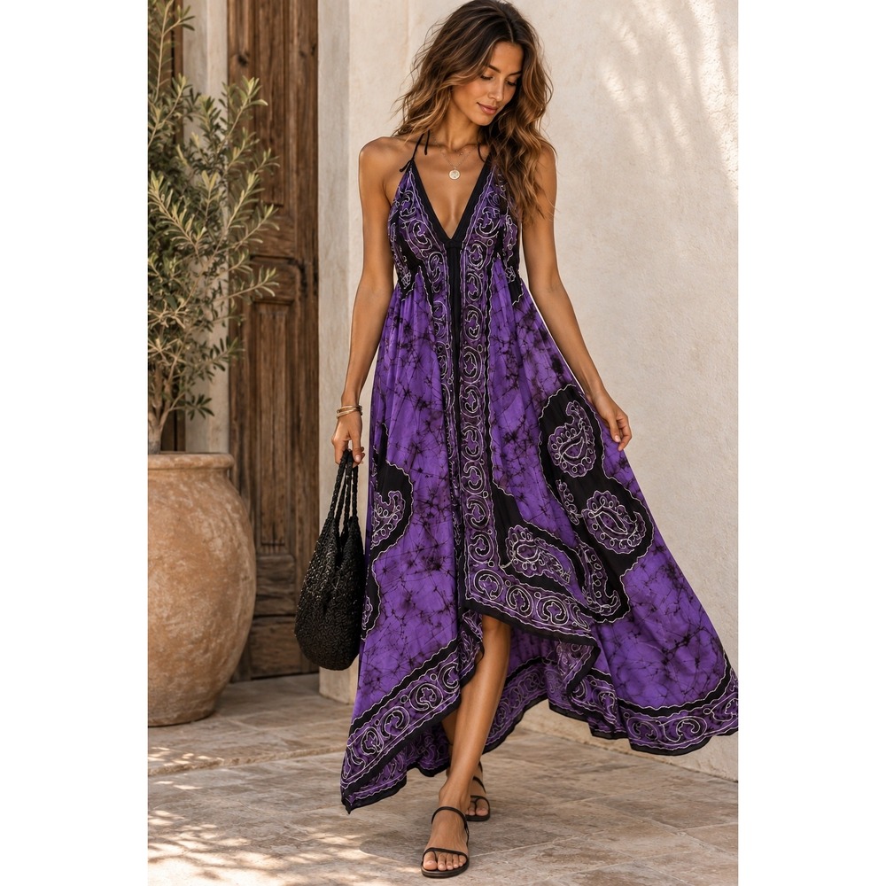 Mamta Halter Dress Batik Handkerchief Hem Purple Black Boho Festival Size OS